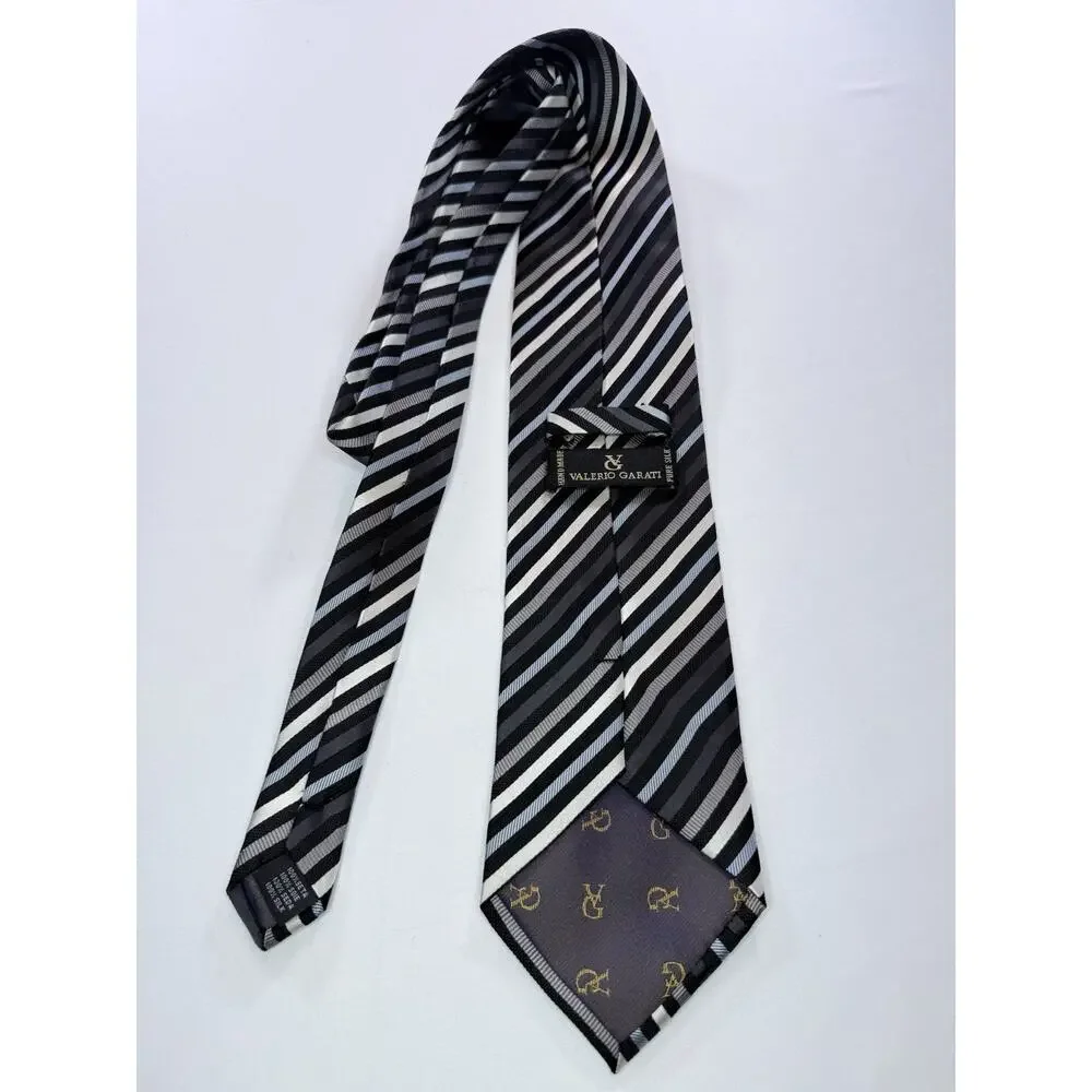 Valerio Garati 100% Silk Striped Woven Tie Black Gray White Pointed